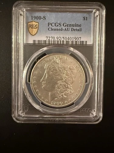 1900-S Morgan Silver Dollar $1 PCGS Genuine, AU Detail,  Cleaned Gold Shield