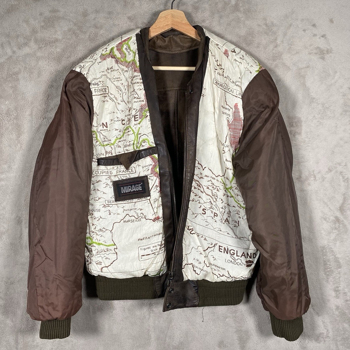 Vintage Mirage Leather Jacket 38 Air Force Patch WWII Map Lined 