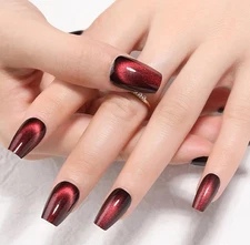 evpct Deep Burgundy Red Cat Eye Press on Nails Square Medium Coffin, Medium S...