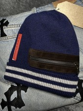 VINTAGE Prada Sport Beanie Navy Wool Knit Suede Zipper Designer Archive y2k RARE