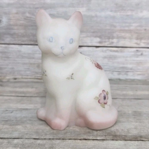 Fenton Pink Point Satin Glass Hand Painted Cat Figurine With Raspberry Floral