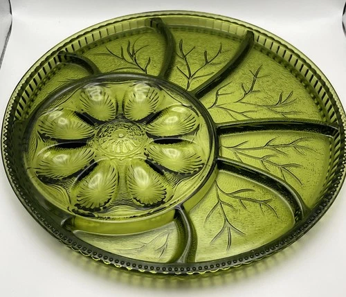Vintage Indiana Green Glass Deviled Egg Relish Serving Plate Platter 12.75"