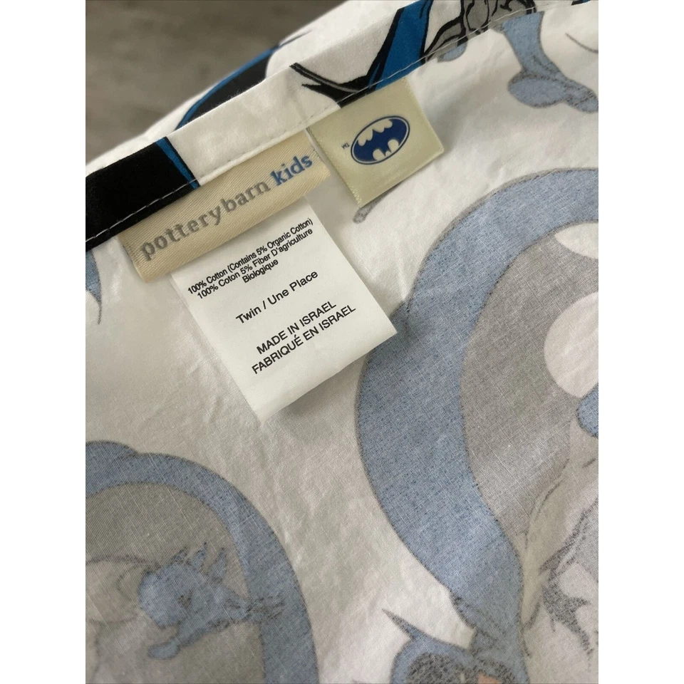 Sábana plana Pottery Barn Kids superhéroe Batman doble blanco azul algodón superhéroe Foto 3 de 3