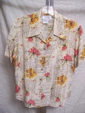 Vintage Tess Blouse - Size M Petite - cream silk with flowers and script design