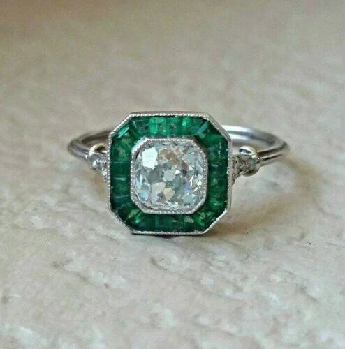 2Ct Art Deco Style Emerald Lab Created Diamond Engagement 14K White Gold FN Ring