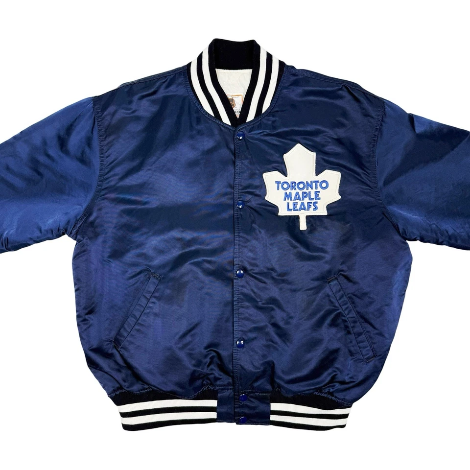 Vtg Rare NHL Toronto Maple Leafs Navy Blue Starter Satin Bomber Jacket Mens XL - Image 2 of 4