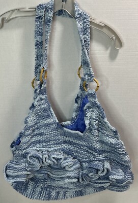 Vintage Handmade Crochet Knitted Shoulder Bag Cotton Lined W/Pocket Blue Hobo