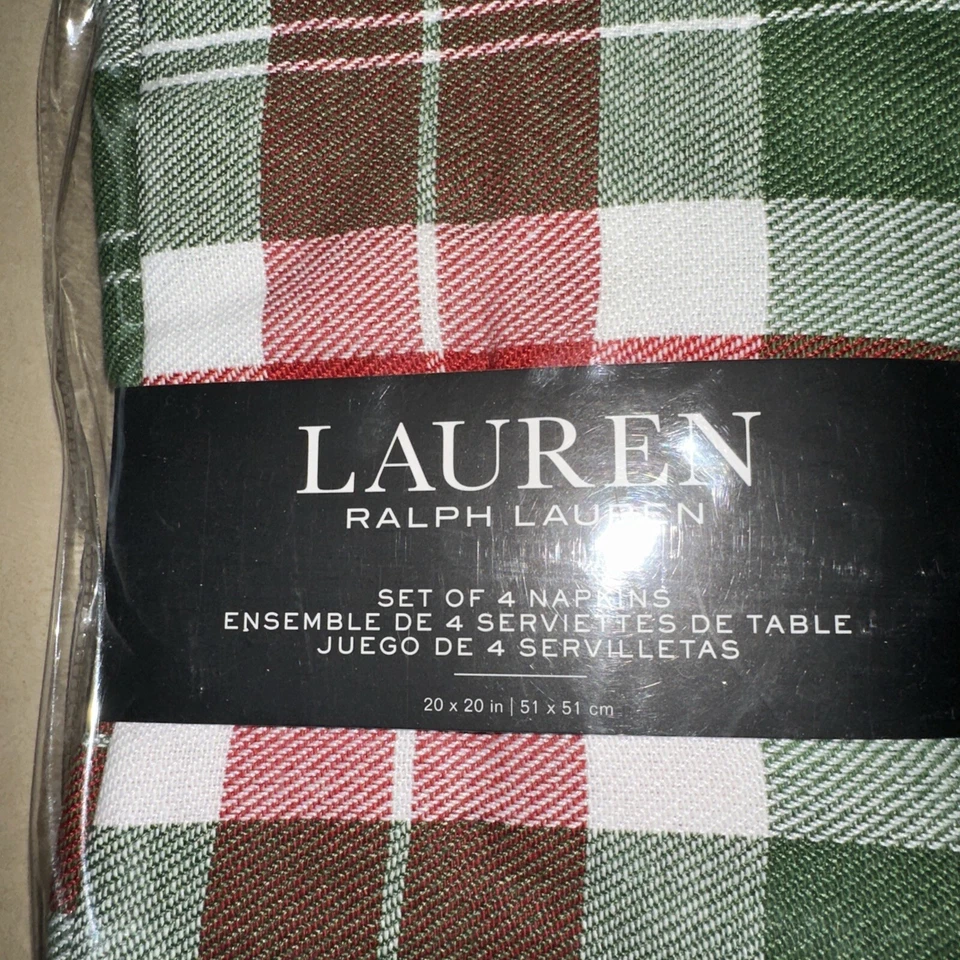 "Servilletas Ralph Lauren 4 piezas rojo/blanco/verde tartán a cuadros 20"" x 20"" nuevas en paquete" Foto 2 de 4