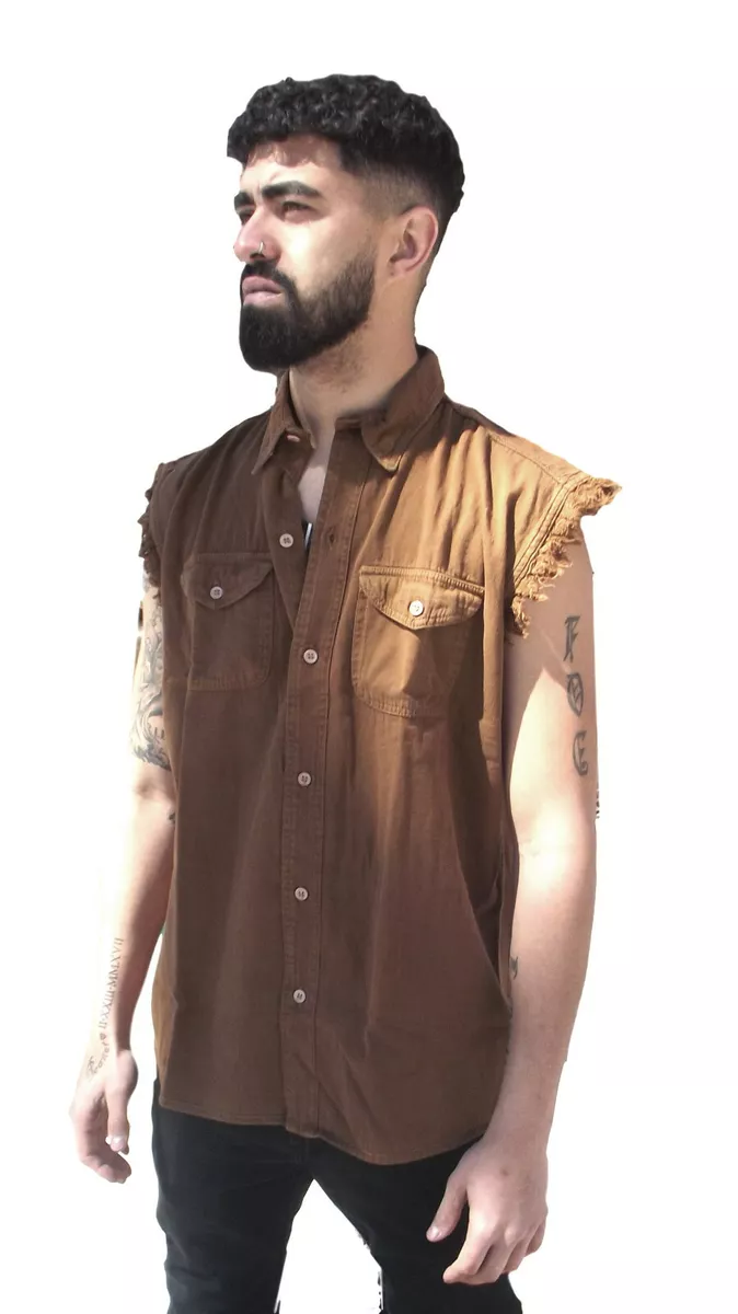 Mens Chocolate Cut Off Sleeveless Cotton Denim Button up Biker Shirt Vest M