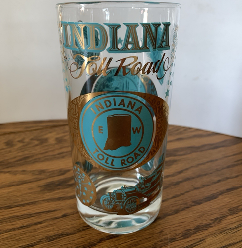 Indiana Toll Road Souvenir Glass 5.5” Landmarks Gold Blue Clear Vintage NICE - Picture 1 of 13