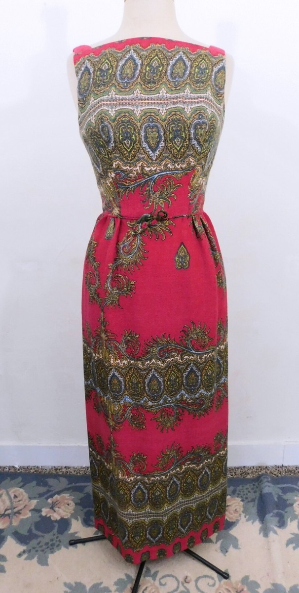 Vintage 1960s 60s Bohemian Paisley Print Wool Crepe Maxi Dress S