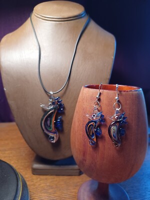 Seahorse Lampwork Glass Necklace & Earrings Set Blue Sea Horse Black Cord 17''+2''