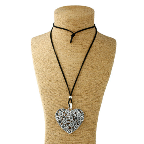 Large Statement abstract metal heart pendant on long Suede necklace Lagenlook - Picture 4 of 23