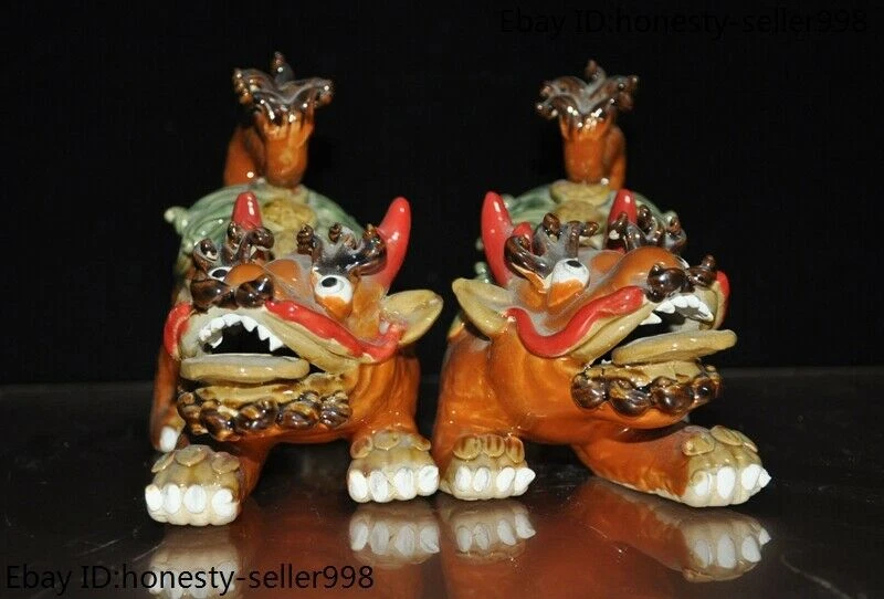 Par de estátuas de dinheiro 6" Wucai cerâmica porcelana vermelha Fengshui riqueza Chi-lin Qilin - Imagem 2 de 4