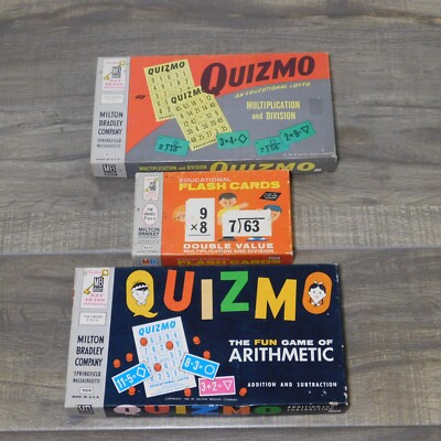Vintage Lot of 3 1950s QUIZMO Milton Bradley Arithmetic Game + 1963 Flash Cards