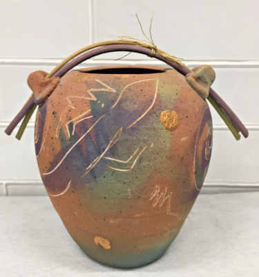 VINTAGE LAURA ROSS HANDCRAFTED DECORATIVE SODA FIRED POTTERY VASE