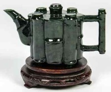 Antique Chinese Spinach Jade Bamboo Form Teapot with Stand.
