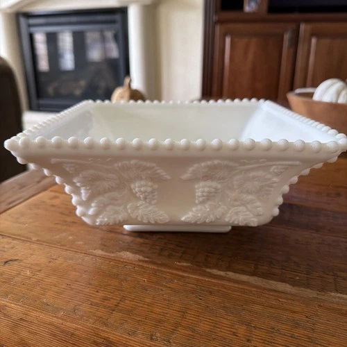 Vintage Westmoreland White Milk Glass Paneled Grape Square Tapered Footed Bowl