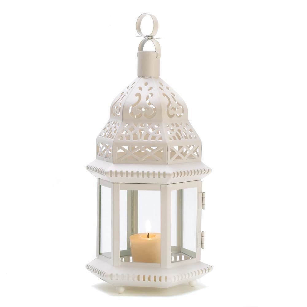 WHITE MOROCCAN 13" SHABBY WHITEWASHED CANDLE HOLDER LANTERN OUTDOOR TERRACE