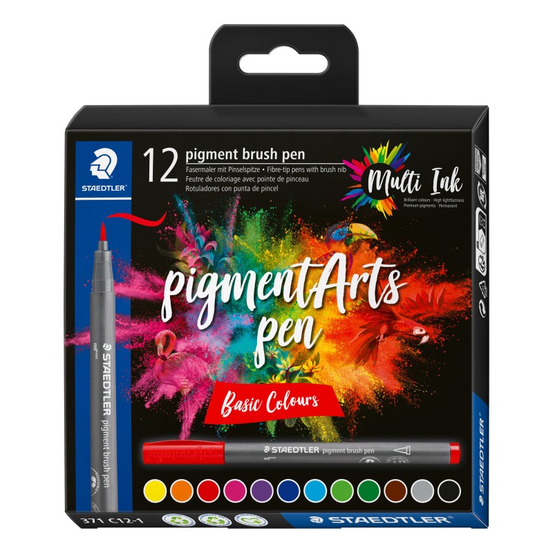 12 feutres Staedtler Pigment Arts Pen avec pointe pinceau aux couleurs basiques