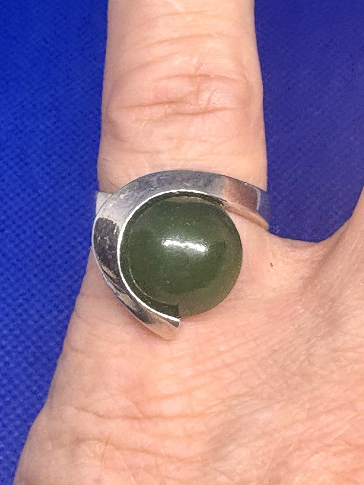 X41 Modernist 12mm Green Jade Jadeite 925 Silver Ring 1960s Sizable Finland
