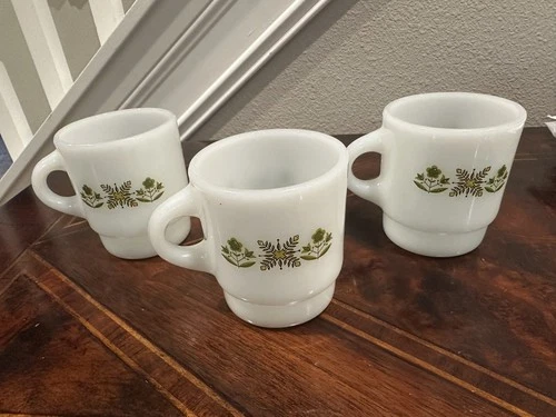Vintage Anchor Hocking Fire King Stacking Mugs Cups Green Meadow Set of 3
