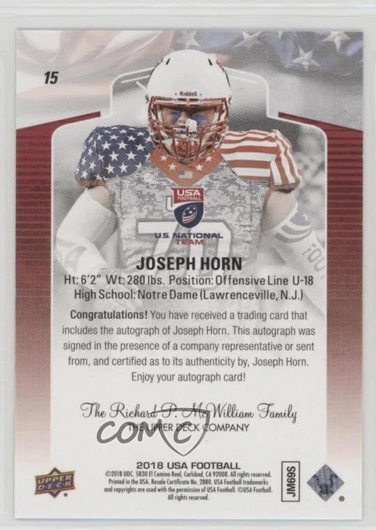 2018 Upper Deck USA Football Auto Joseph Horn #15 Auto - Image 2 of 2