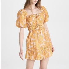 Mink Pink Mini Dress Medium Orange Floral Smocked Babydoll Puff Sleeves Lined