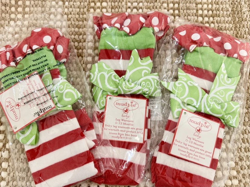 (3) Aquecedor de perna listrado Natal feriado bebê meninas torta de lama novo com etiquetas 0-12 meses - Imagem 2 de 2