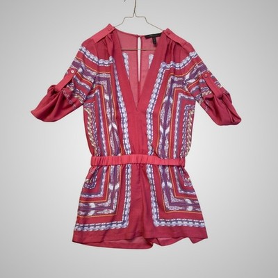BCBGMAXAZRIA Romper Womens XXS Red Geometric Ikat Print Excellent RollTab Sleeve
