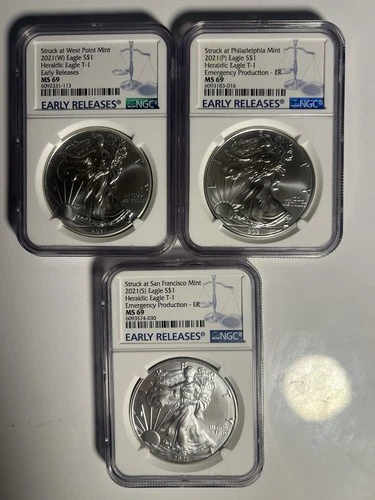2021 Early Release MS 69 All Three Mints Silver Eagle Set. T-1. NGC
