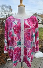 NWT Bob Mackie Wearable Art PINK FLORAL CARDIGAN SWEATER SZ 2X Roses 3/4 SLEEVE