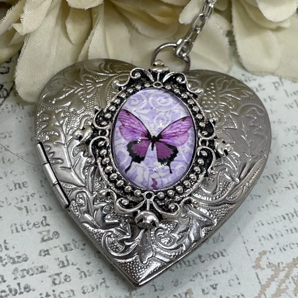 银色心形吊坠项链紫色蝴蝶周年纪念礼物妻子妈妈照片 — 第 2/4 张图片