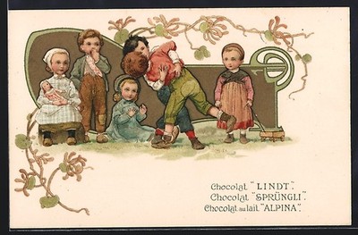 Postcard Chocolat Lindt, Sprüngli, Alpina, advertisement, children playing 