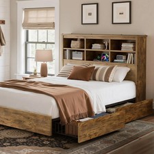VECELO 4FT6 Double Bed Frame with Storage & Charging Station