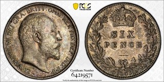 1905 Great Britain 6 Pence PCGS AU58