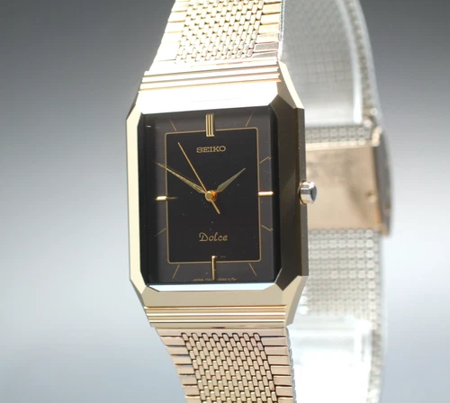 Vintage 1986 [Near MINT] Seiko Dolce 7741-5080 Black Gold Tank Quartz Mens Watch