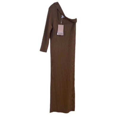Oroton Tan One Sleeve Asymmetric Knit Stretchy Designer Midi Dress Medium NWT