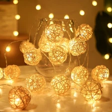 Rattan Ball LED String Warm White Lights Bed Room Home Party Decoration Garland