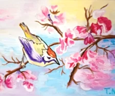 Bird on Branch Small Mini Painting Nature Original Landscape on Canvas 4 * 6