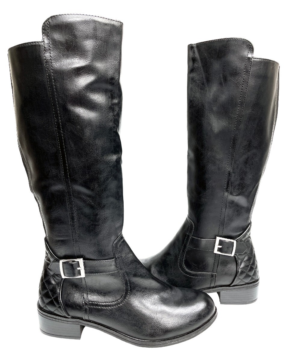 Arizona Dino Faux Leather Black Tall Wide Calf Riding Boots Women's 6 M NEW