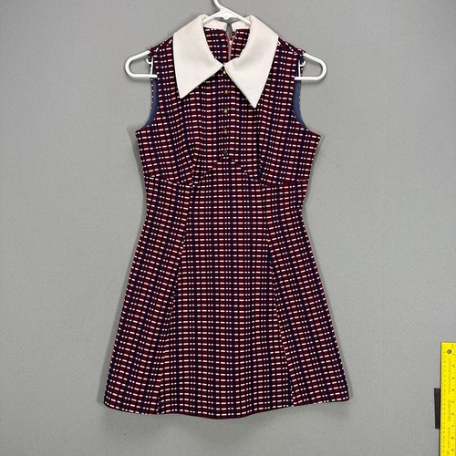 Vintage 60s Mini Dress Womens Small Mod Collar Babydoll Kidcore Striped Maroon - Picture 2 of 18