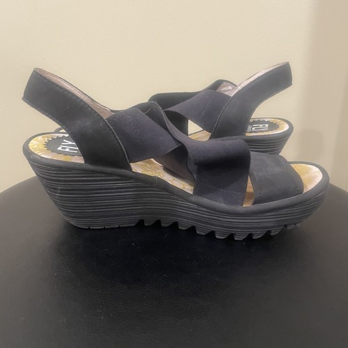 Fly London Yaji Black Leather Criss Cross Gore Wedge Heeled Sandals Women EU 38 - Picture 5 of 9