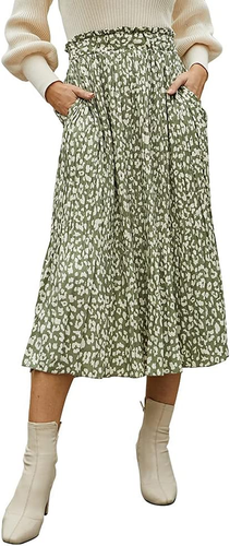 Womens High Waist Polka Dot Pleated Skirt Midi Swing Skirt with Pockets