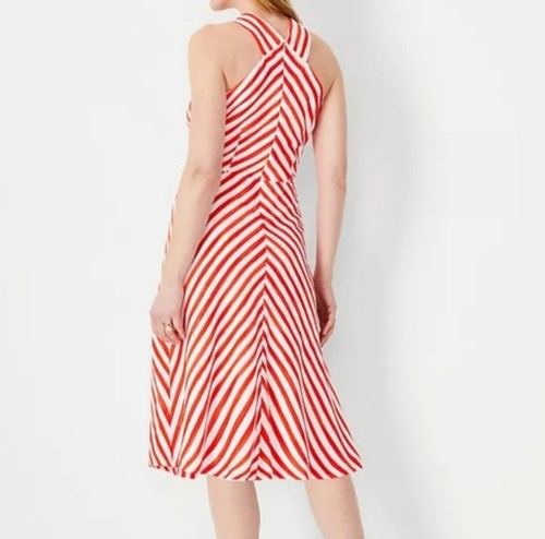 Nuevo con etiquetas Vestido Midi Ann Taylor Talla 14 Rojo Blanco Rayas Cuello Cruzado Ajuste y Acampanado - Imagen 8 de 15
