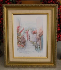 SMALL FRAMED SIGNED COLOR PRINT FLOWERED ANTIQUE COUNTRY ALLEY ARTIST: M. MARTEN