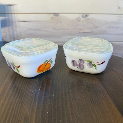 2 Fire King Square Oven Ware 4  Dish Fruit Design Peaches Grapes With Lid