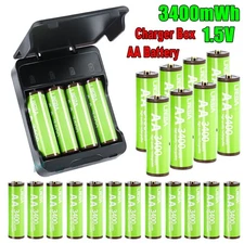 Lot AA Lithium Rechargeable Batteries 1.5V 3400mWh & Fast Charger Box Optional