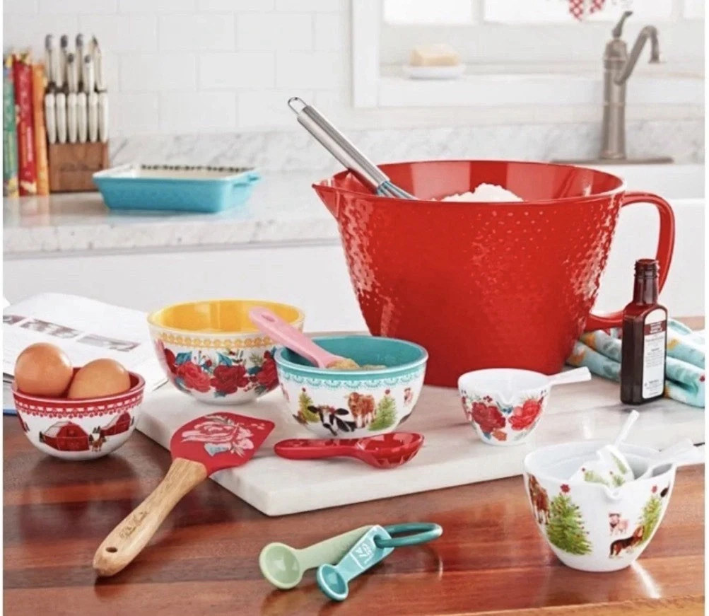 The Pioneer Woman Cheerful Rose 14pc Ceramic Batter Bowl Set 5.2 qt w/ Whisk