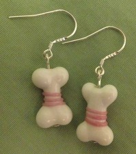WHITE and PINK DOG BONE EARRINGS - Glass Beads with SS Ear Wires